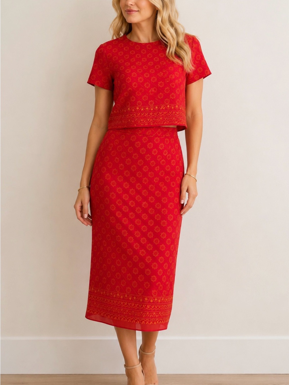 Cynthia Howie Red Gold Tie Diamond Print Skirt Set Size 8 Perfect Vintage